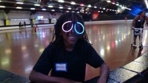 Jahrel wearing some fashionable glasses at a Bounce Bash(tm) skating event.