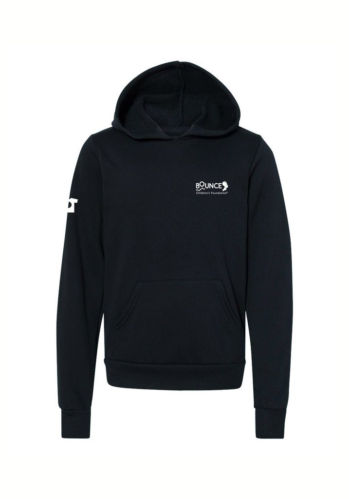 Black hoodie with white text on chest and sleeve.