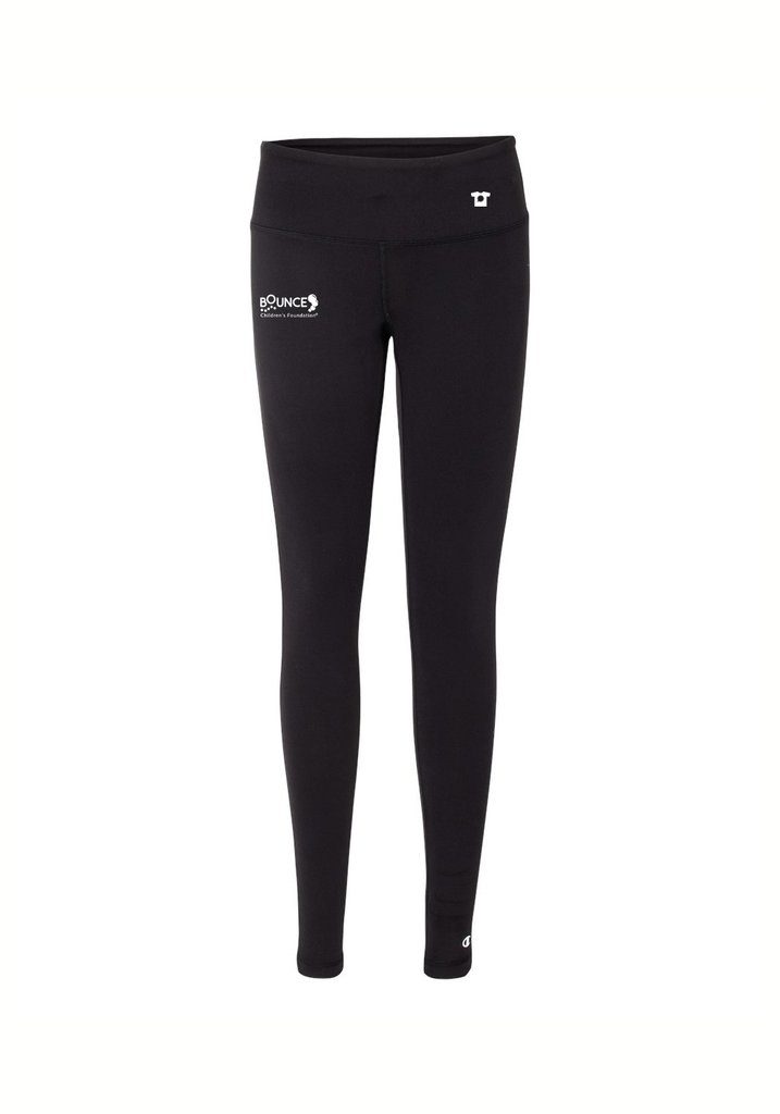 Black athletic leggings with small white logos on the hip and thigh.