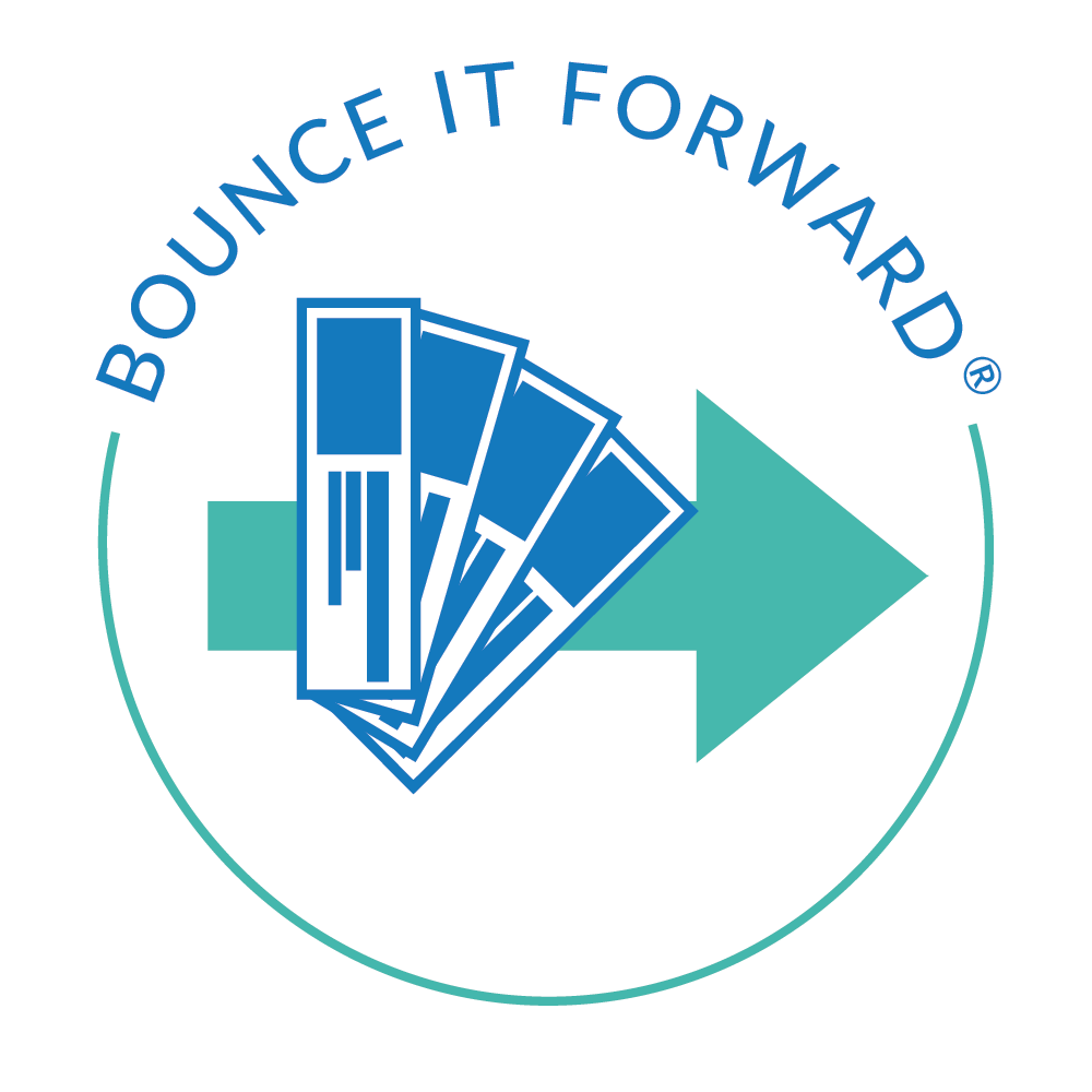 Logo with an arrow and color swatches, text says 'Bounce It Forward'.
