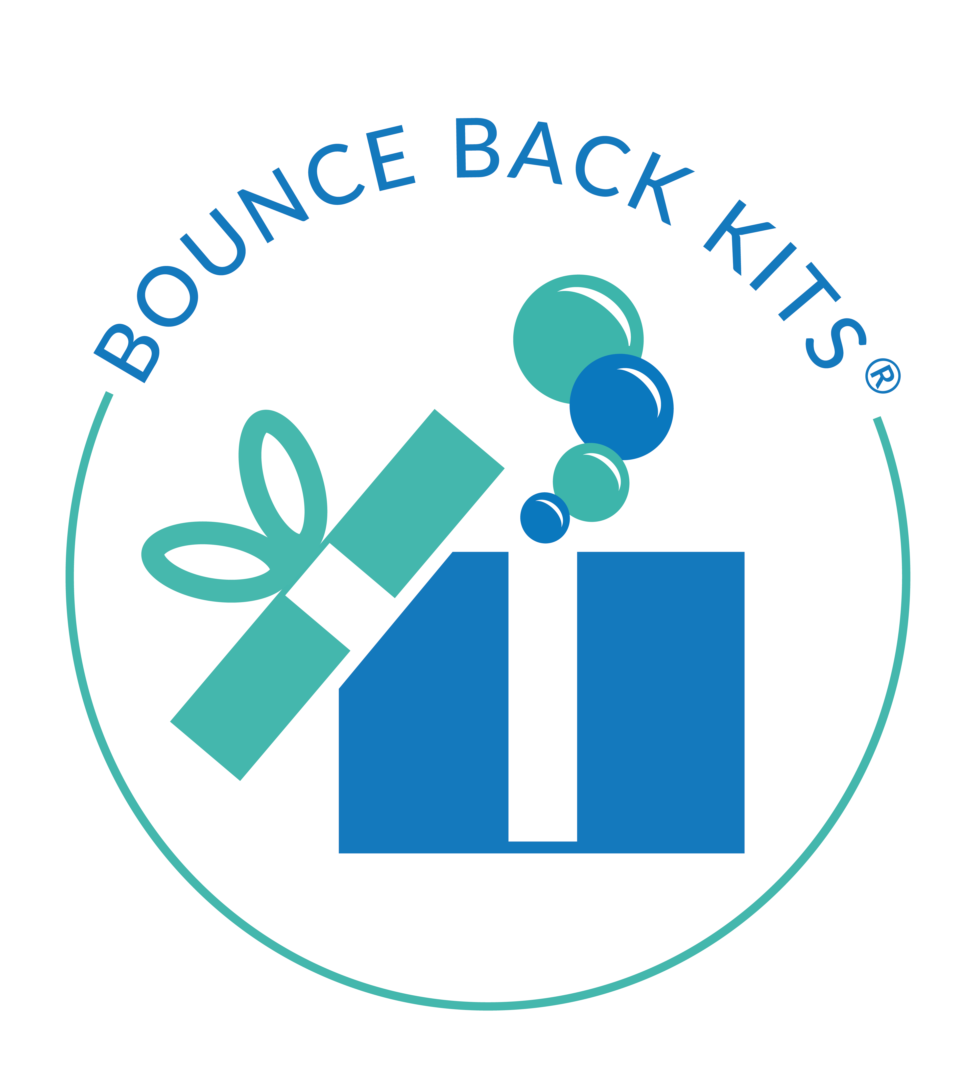Logo of Bounce Back Kits with gift boxes and bubbles.