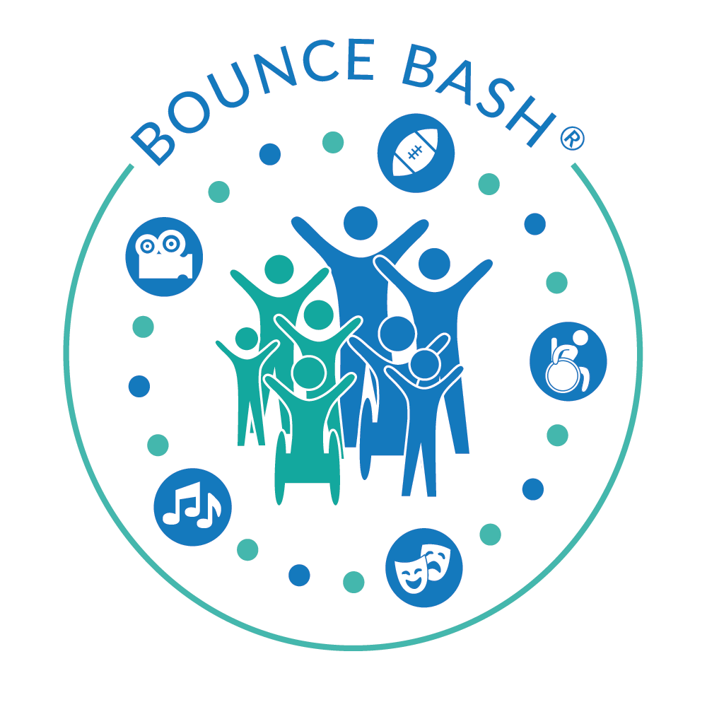 Bounce Bash logo with family and music icons.