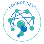 Logo with interconnected blue and green nodes and the text 'BOUNCE NET'.
