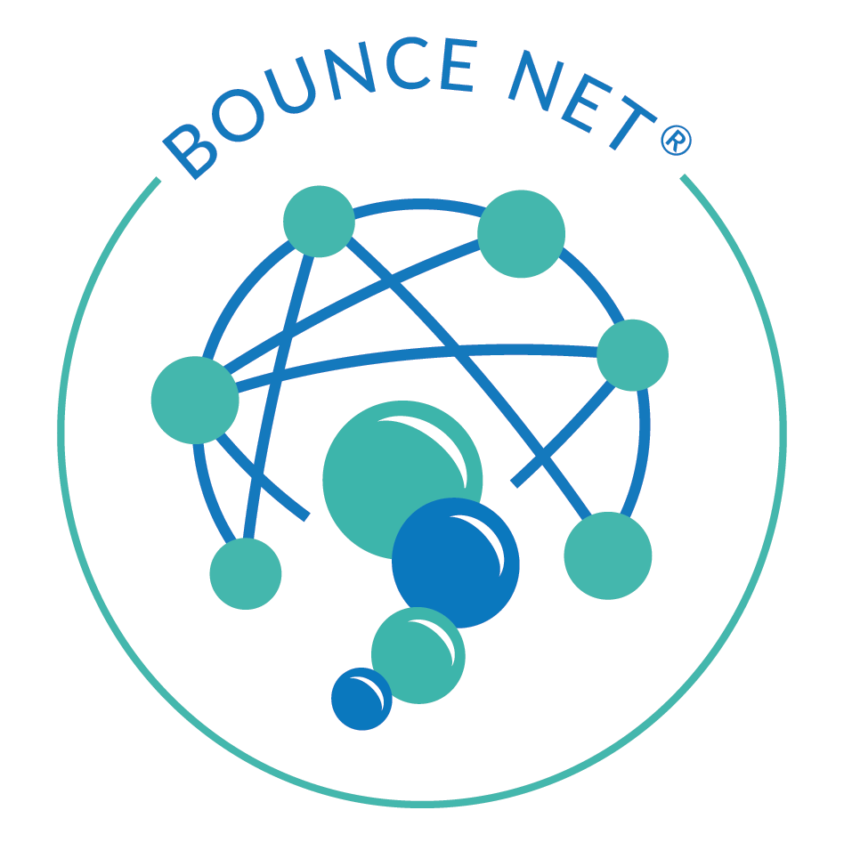 Logo with interconnected blue and green nodes and the text 'BOUNCE NET'.