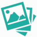 A stylized icon of a photo stack with a mountain and sun.